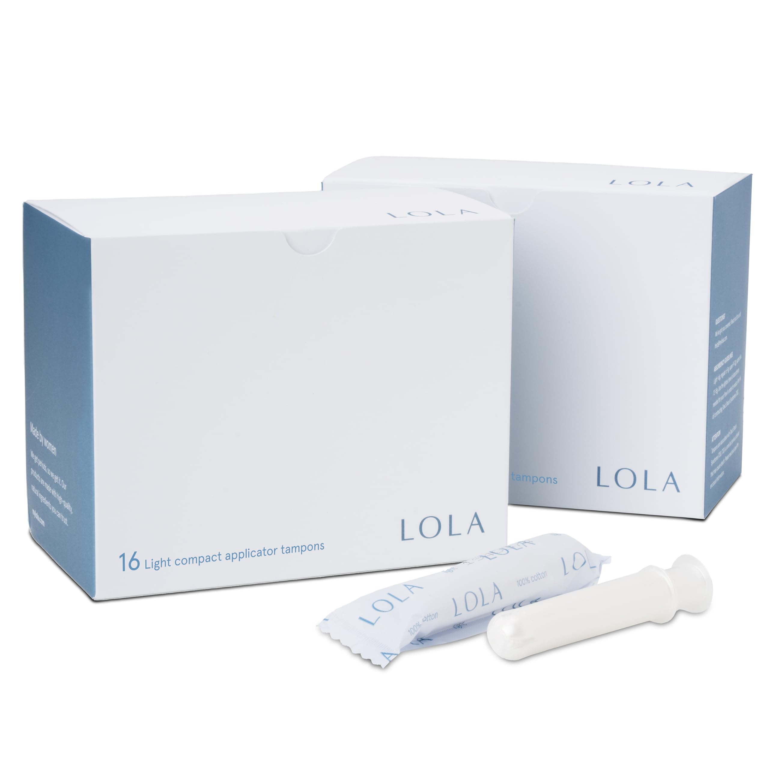 LOLA empaque frontal mostrando 32 tampones y beneficios claros