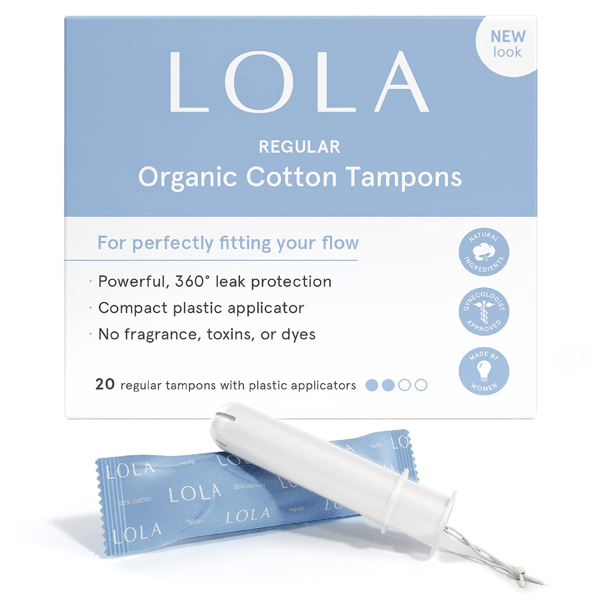LOLA pack frontal mostrando 40 tampones, opción sin fragancia y confianza