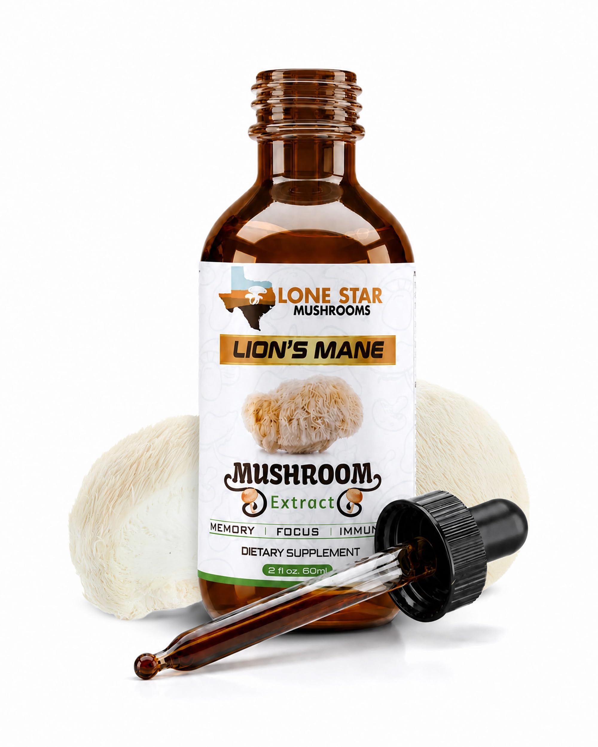 Lone Star Mushrooms frasco frontal mostrando etiqueta clara y tamaño 2 oz