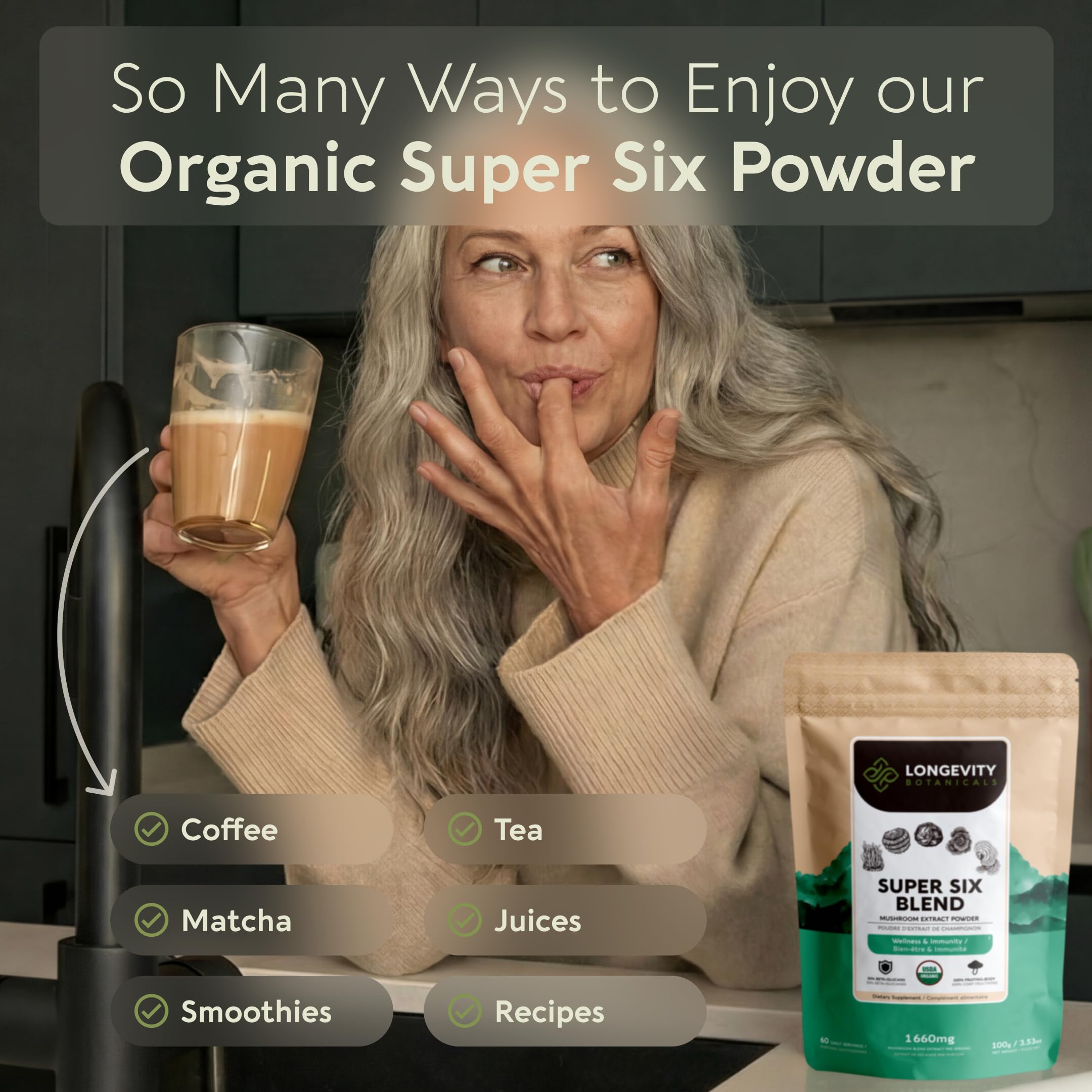 Longevity Botanicals frasco en la mano para apreciar tamaño y transporte