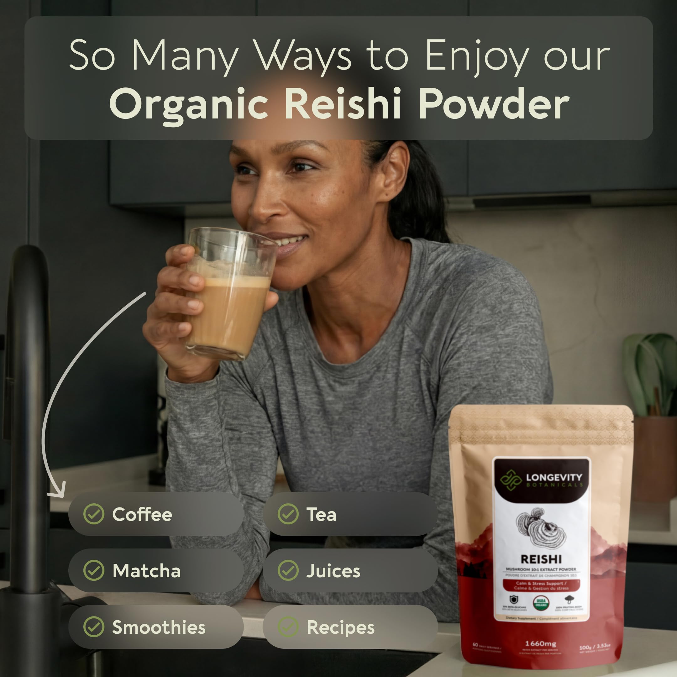 Longevity Botanicals comparación de tamaño con cuchara para dosificación precisa