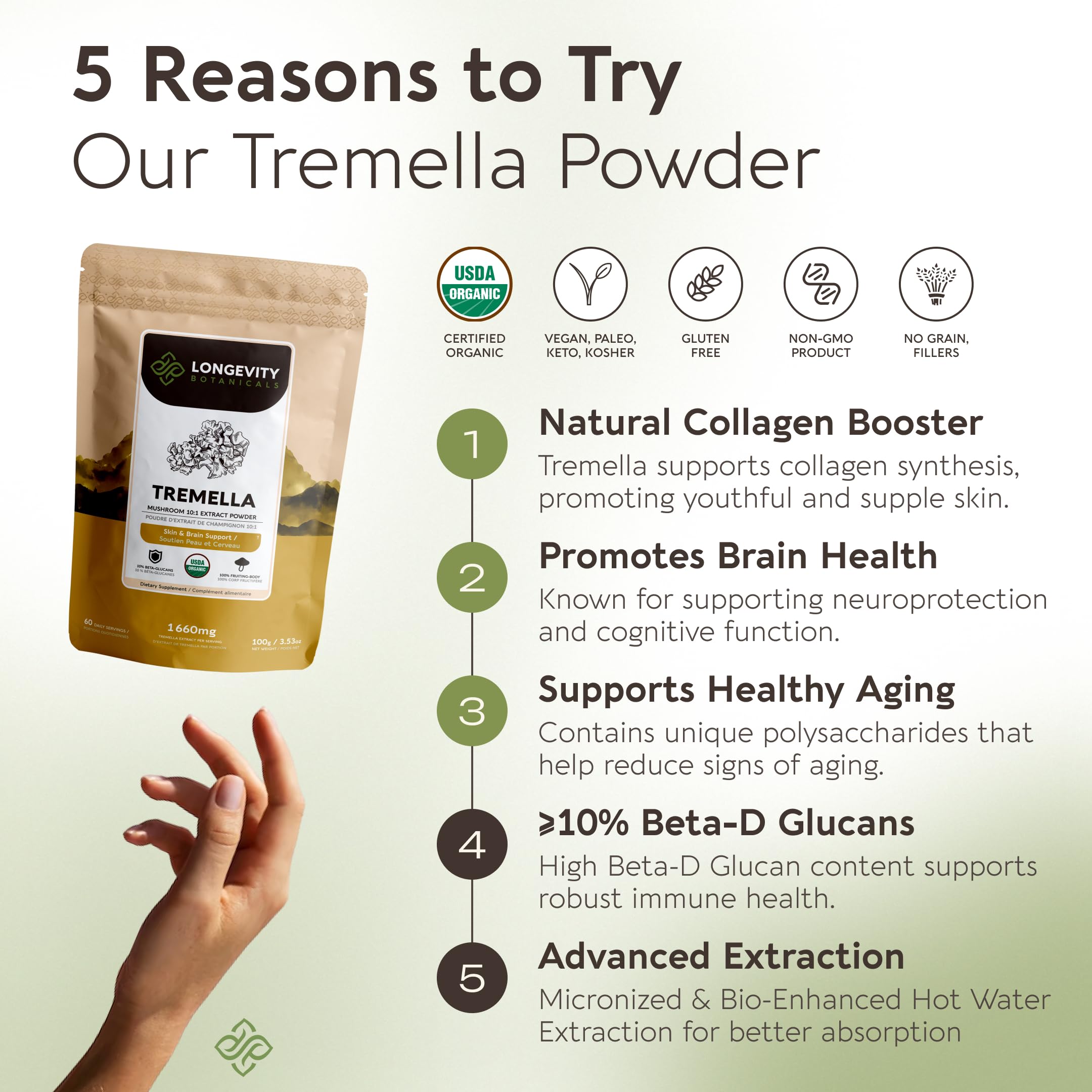 Longevity Botanicals cuchara dosificadora con polvo indica control de porciones