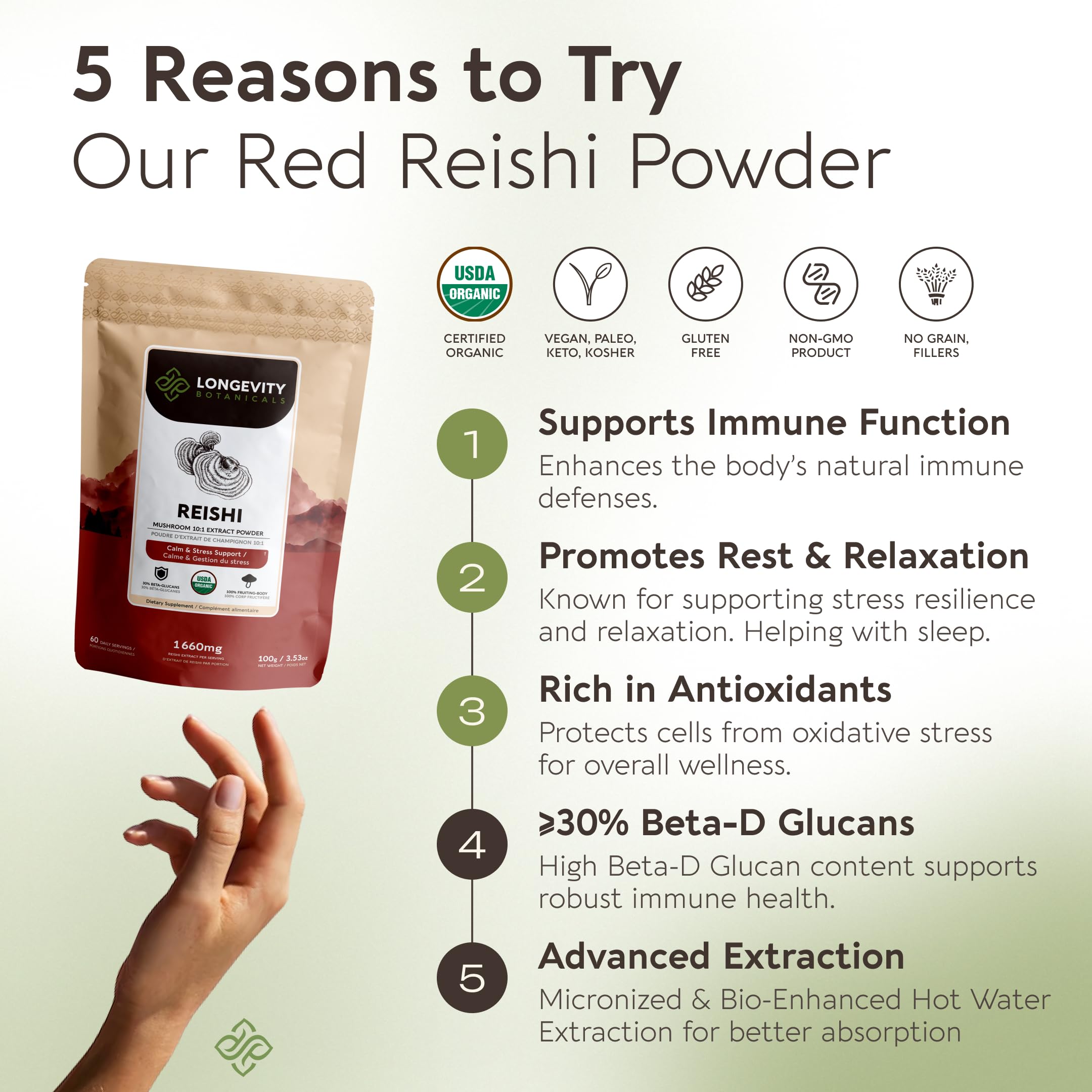 Longevity Botanicals cuchara dosificadora sobre polvo lista para medir dosis