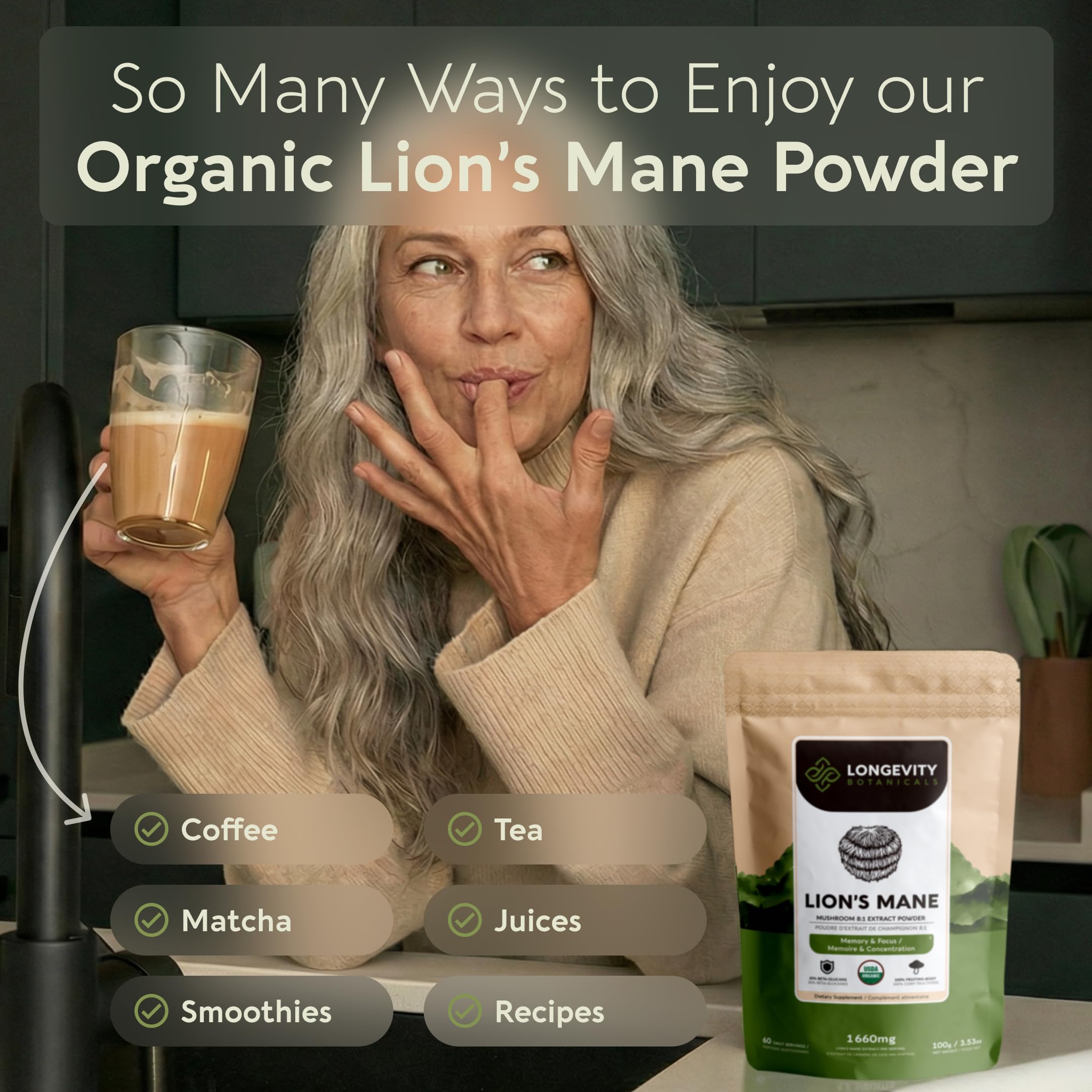 Porción en balanza mostrando 1,660 mg de Longevity Botanicals precisa y práctica