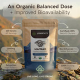 Longevity Botanicals envase abierto con polvo visible, demuestra calidad del contenido
