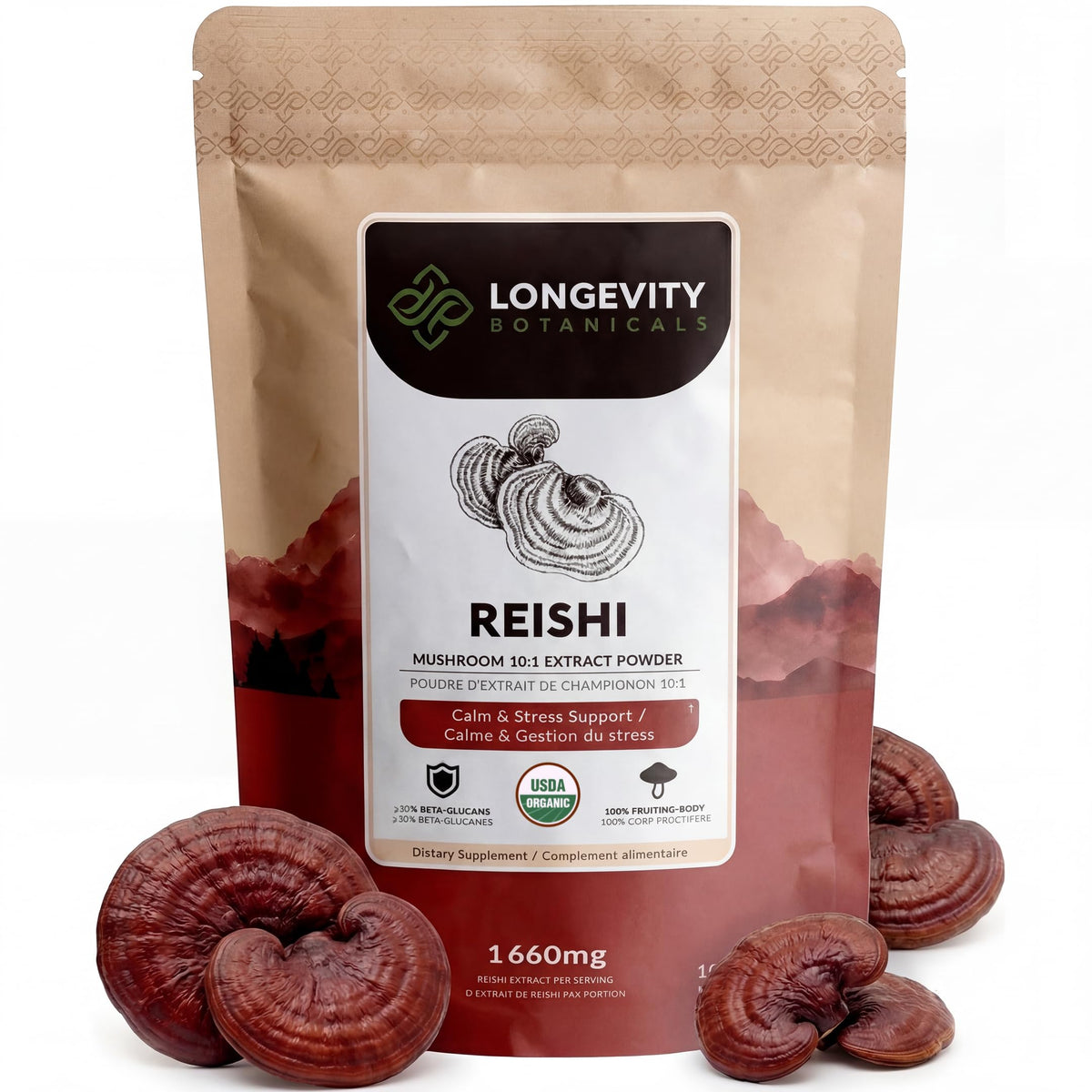 Longevity Botanicals envase frontal de reishi orgánico muestra información clara