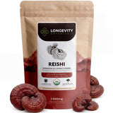 Longevity Botanicals envase frontal de reishi orgánico muestra información clara