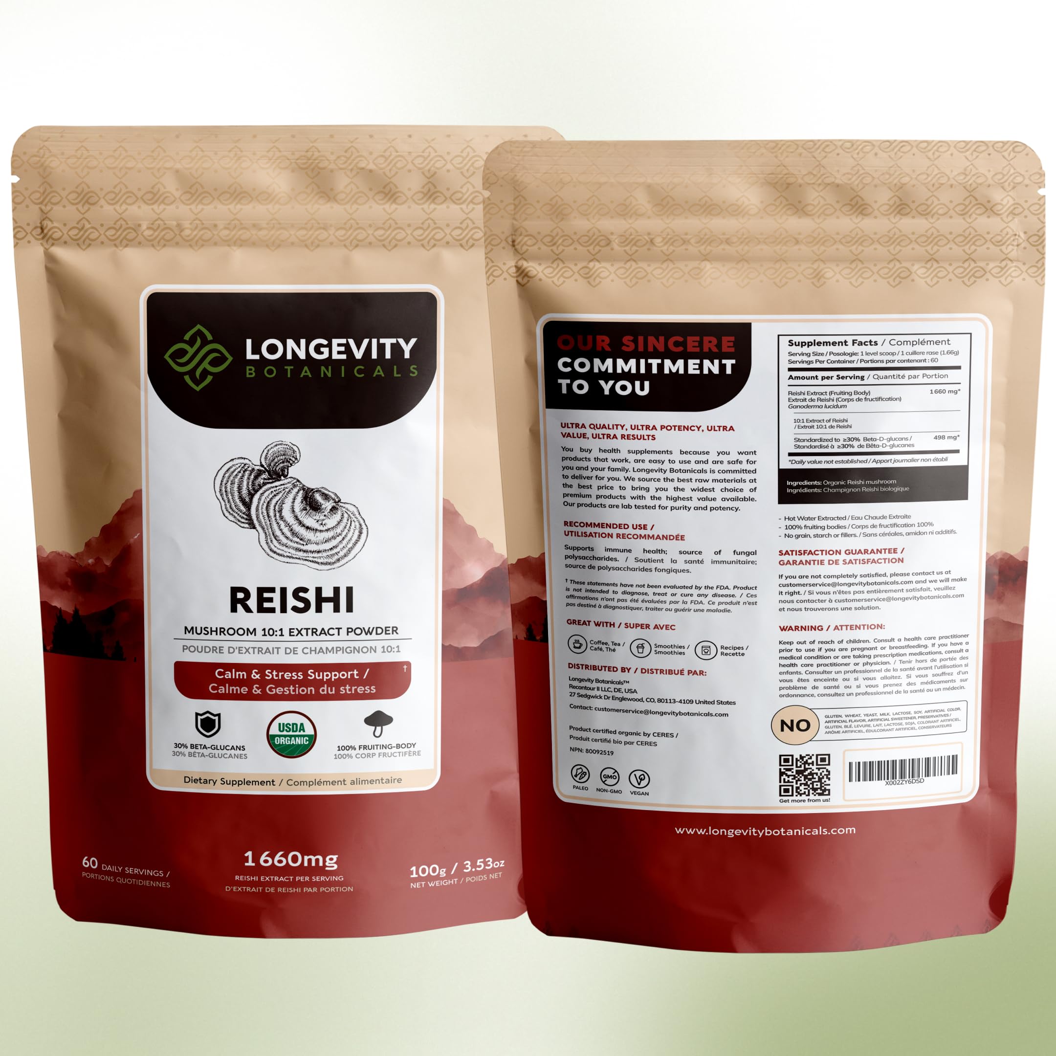 Longevity Botanicals escena de desayuno con polvo de reishi en mesa moderna