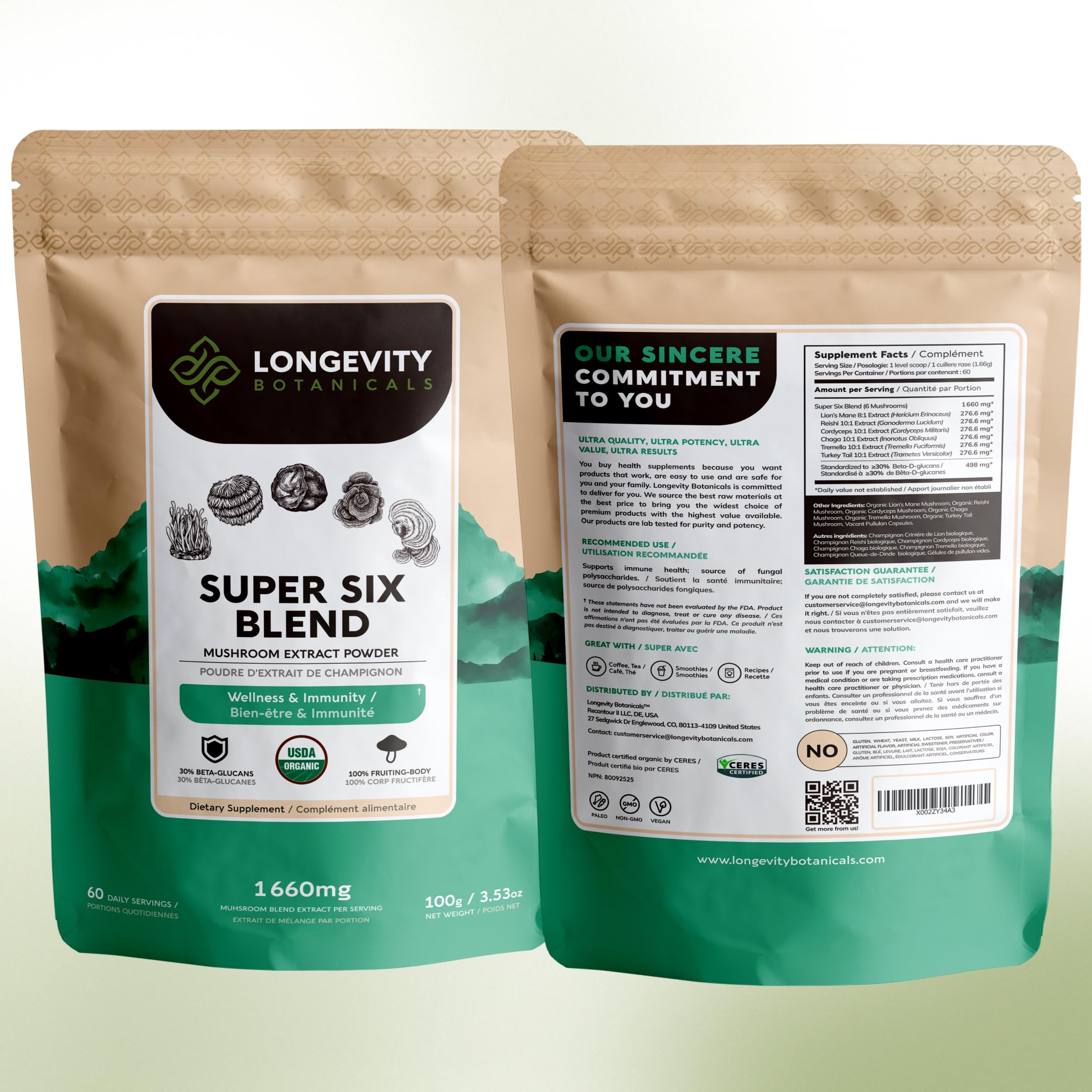 Longevity Botanicals producto en mesa de desayuno estilo de vida saludable