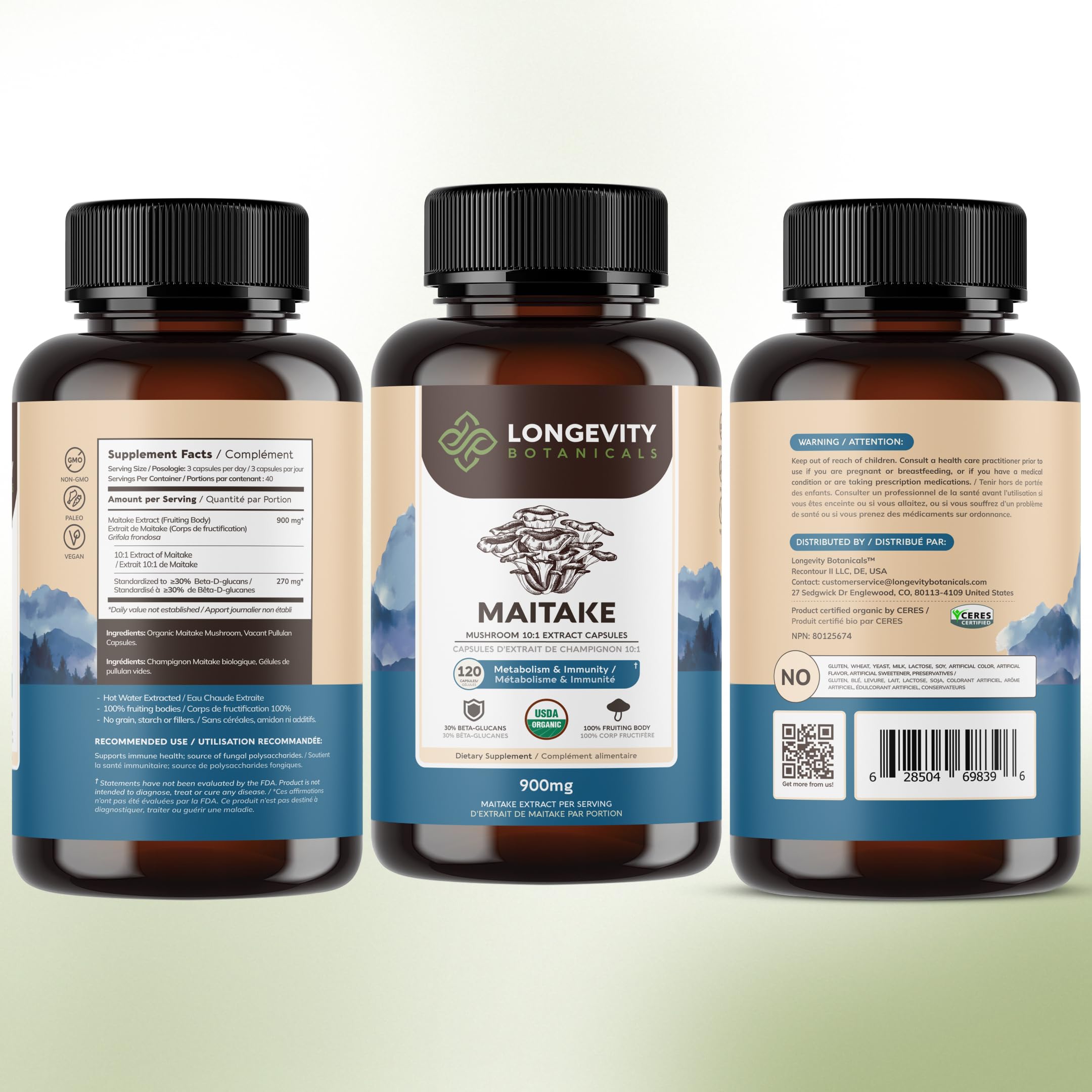 Longevity Botanicals etiqueta con información de beta-D-glucanos estandarizada
