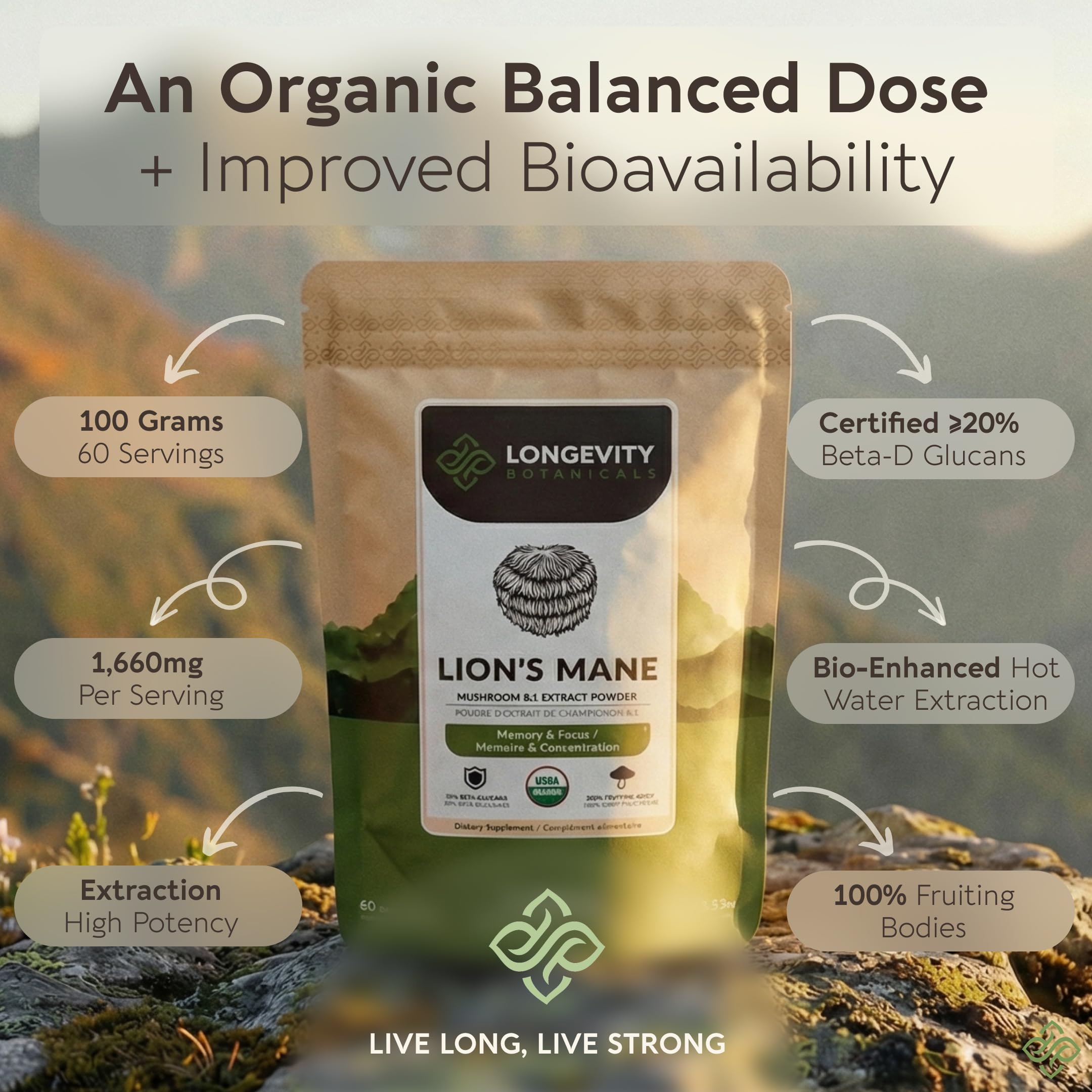 Detalle de etiqueta Longevity Botanicals con porcentaje ≥20% beta-D-glucanos