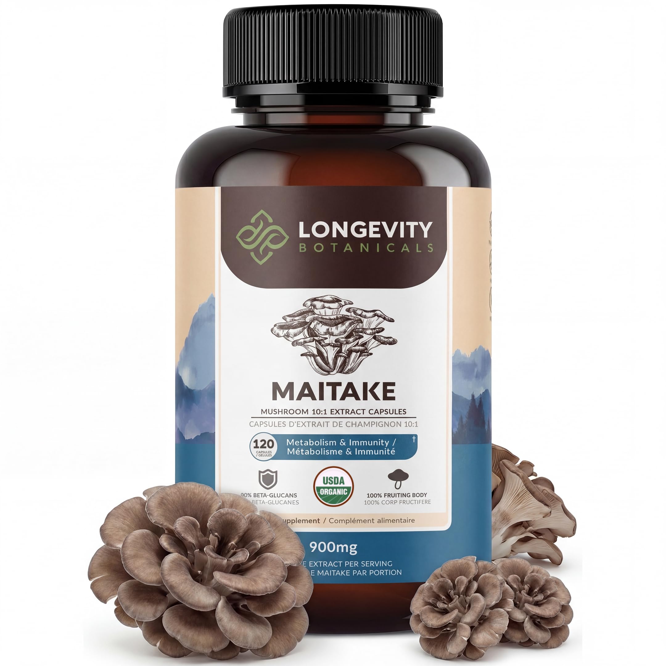 Longevity Botanicals frasco frontal mostrando 120 cápsulas y beneficios