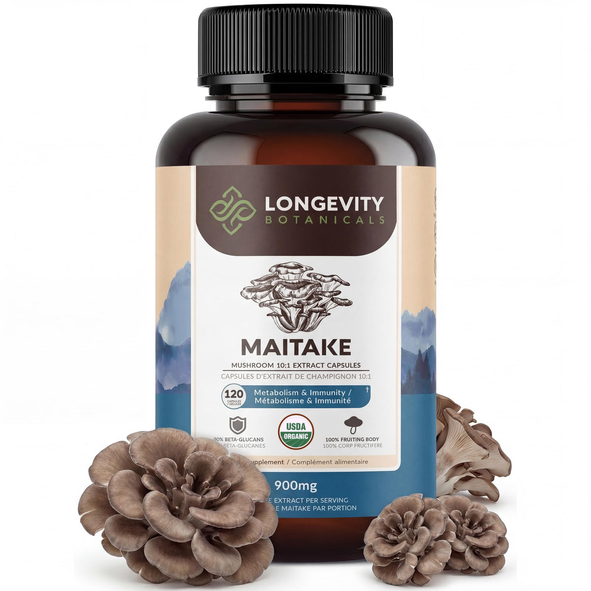 Longevity Botanicals frasco frontal mostrando 120 cápsulas y beneficios
