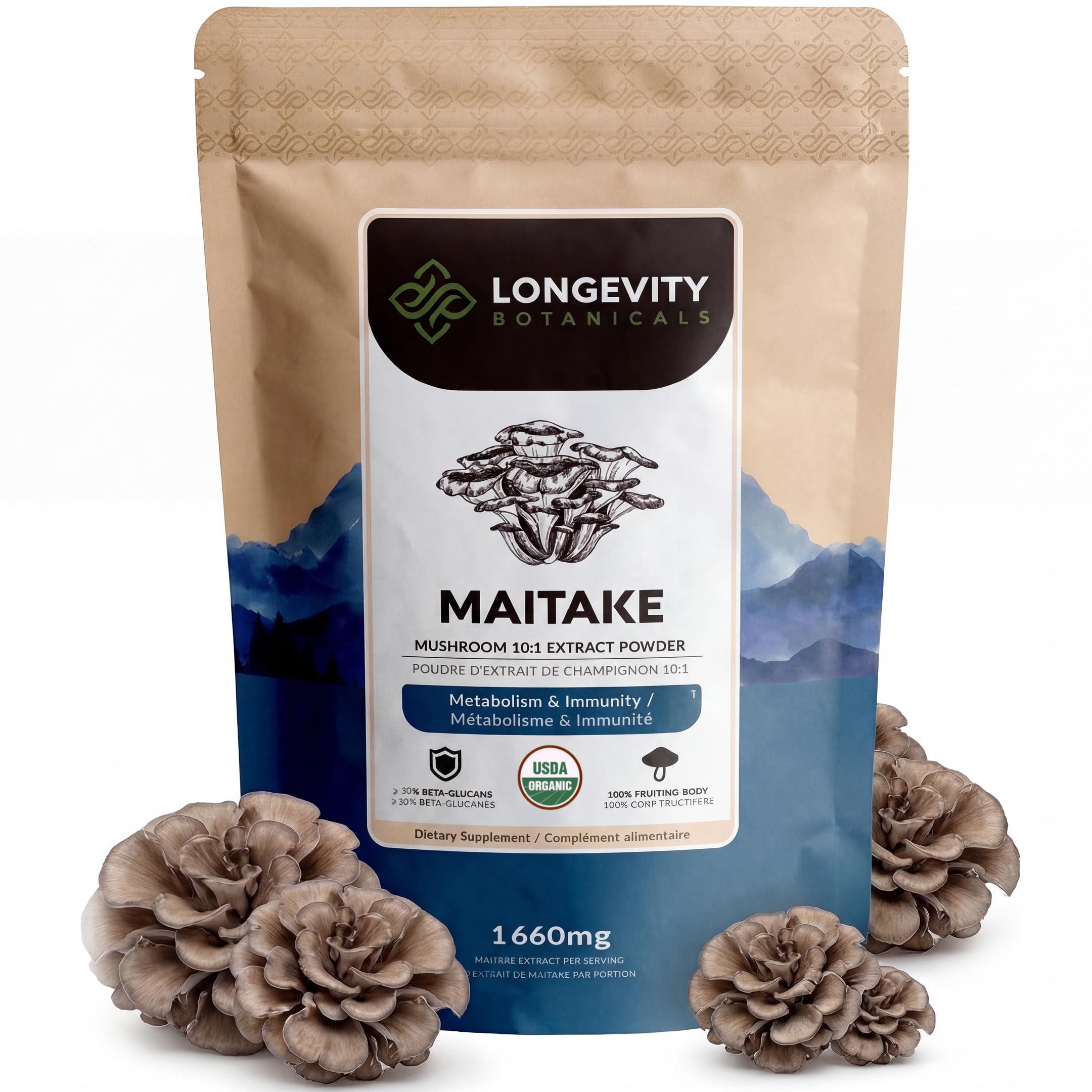 Longevity Botanicals envase frontal de Maitake orgánico mostrando diseño y tamaño