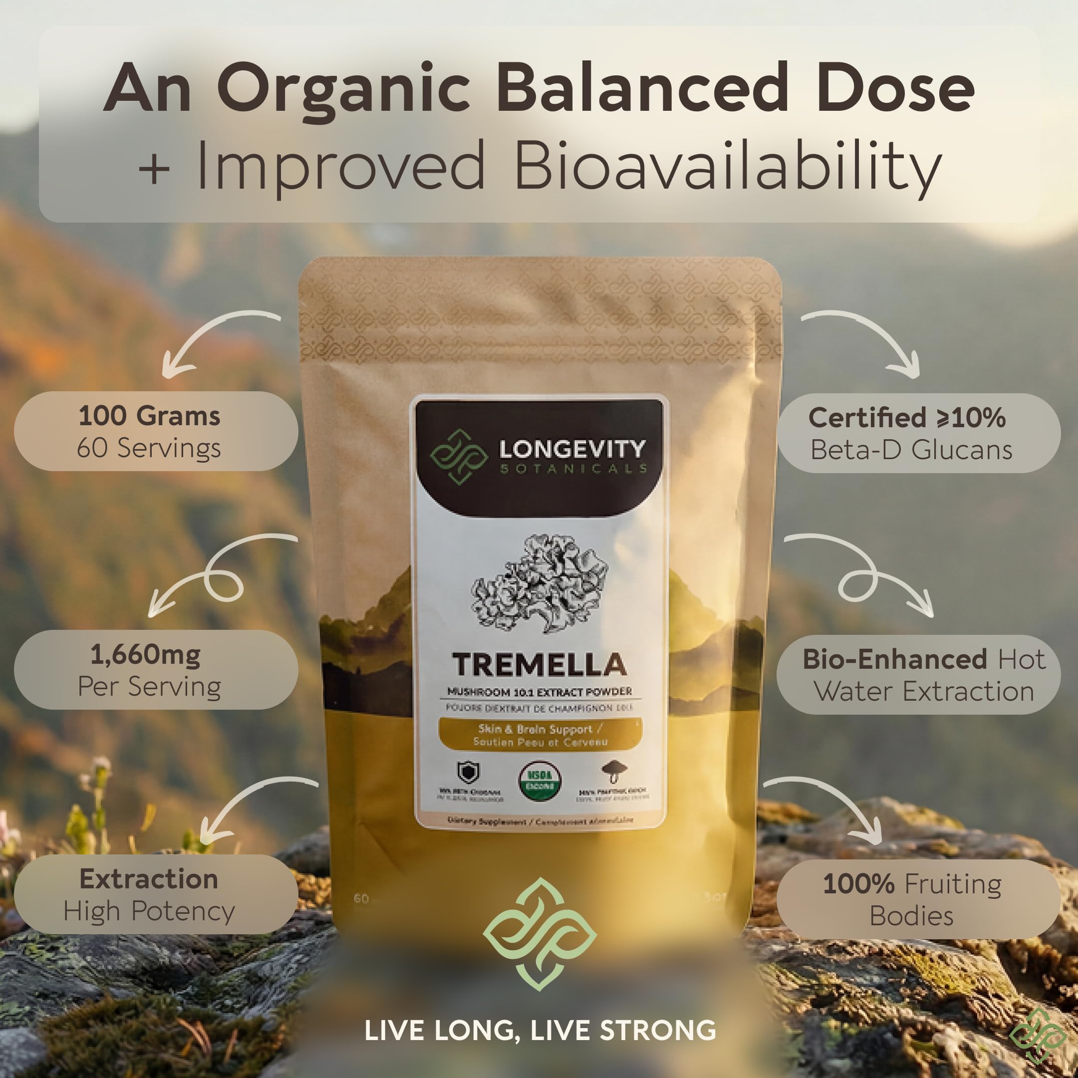 Longevity Botanicals polvo mezclado en batido fácil de integrar a la dieta