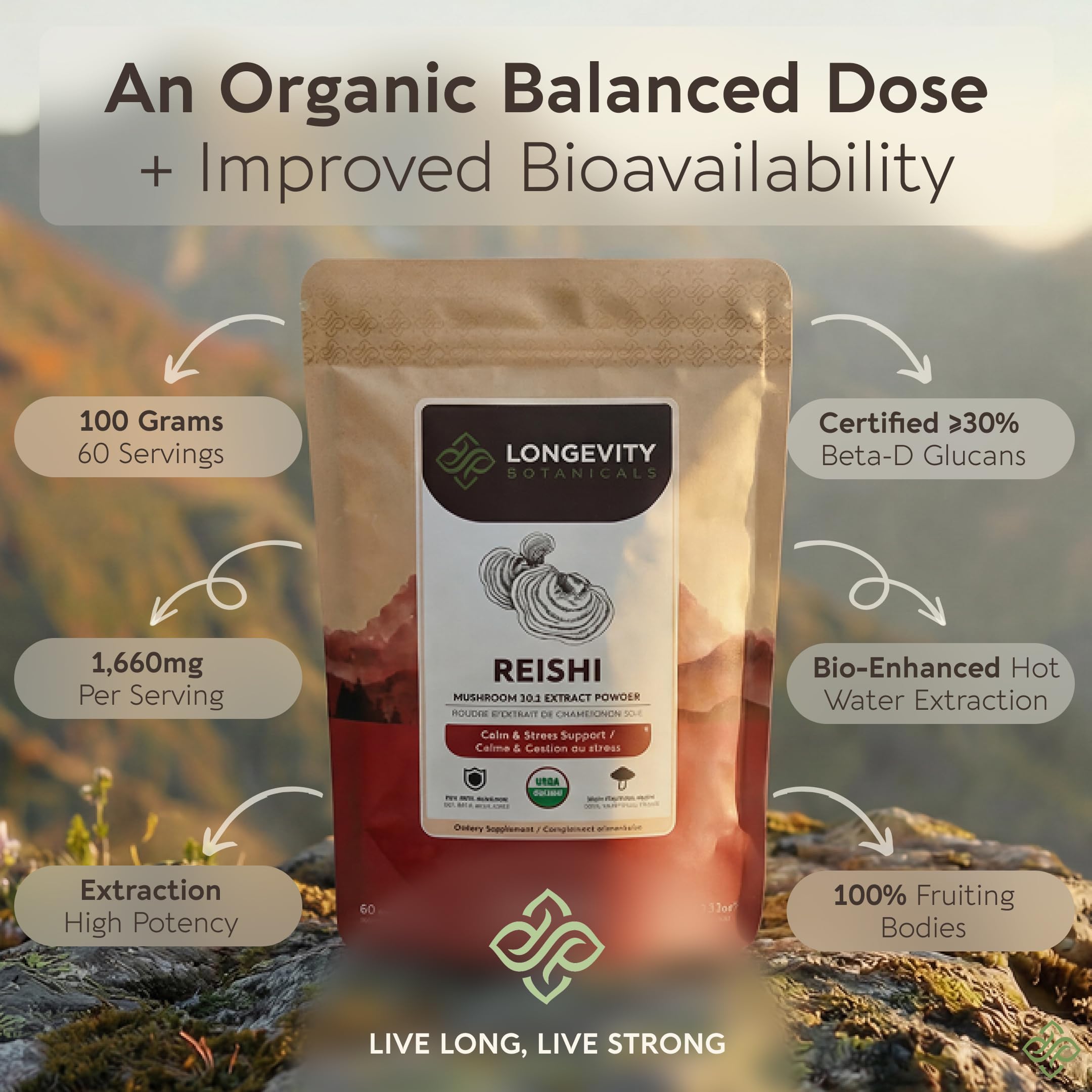 Longevity Botanicals polvo disolviéndose en taza caliente para bebida calmante