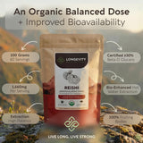 Longevity Botanicals polvo disolviéndose en taza caliente para bebida calmante