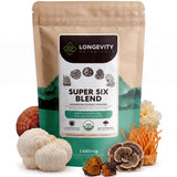 Longevity Botanicals empaque frontal mostrando la mezcla Super Six y beneficios