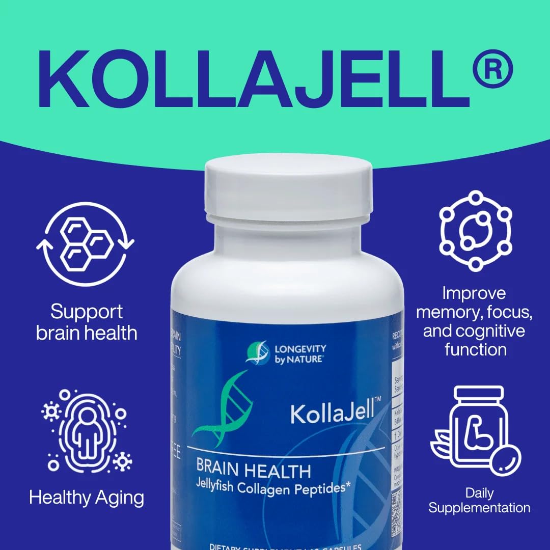 Longevity by Nature cápsula de KollaJell en primer plano, evidencia fácil de tomar