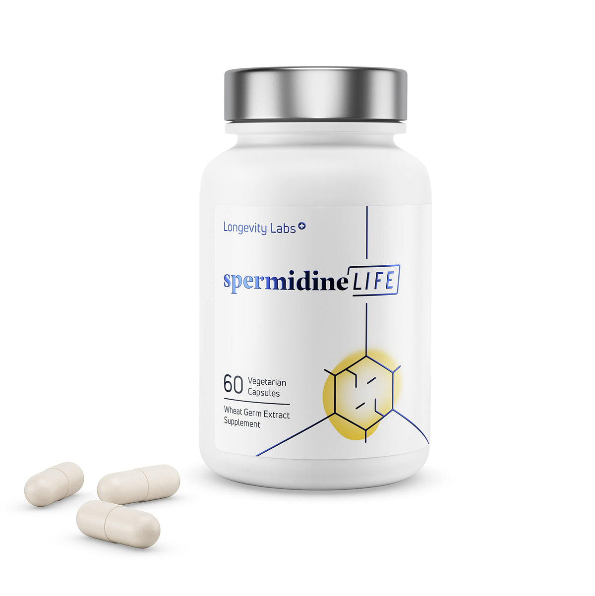 LONGEVITY LABS + frasco frontal mostrando 60 cápsulas y beneficios veganos