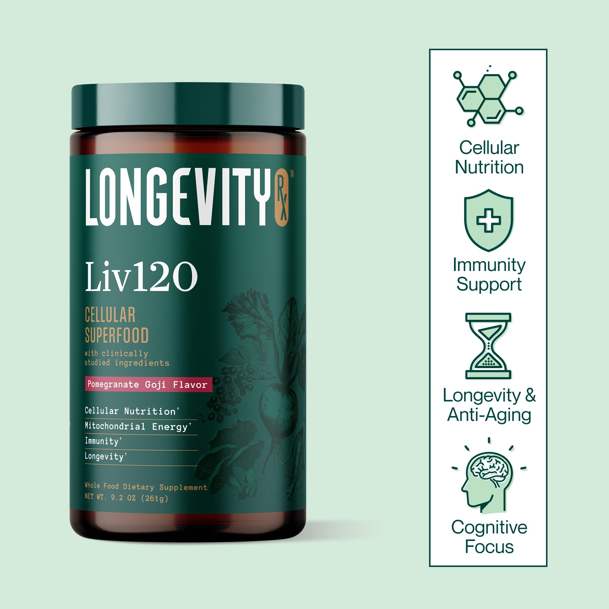 Longevity Rx envase junto a mano para comparar tamaño real