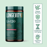 Longevity Rx envase junto a mano para comparar tamaño real