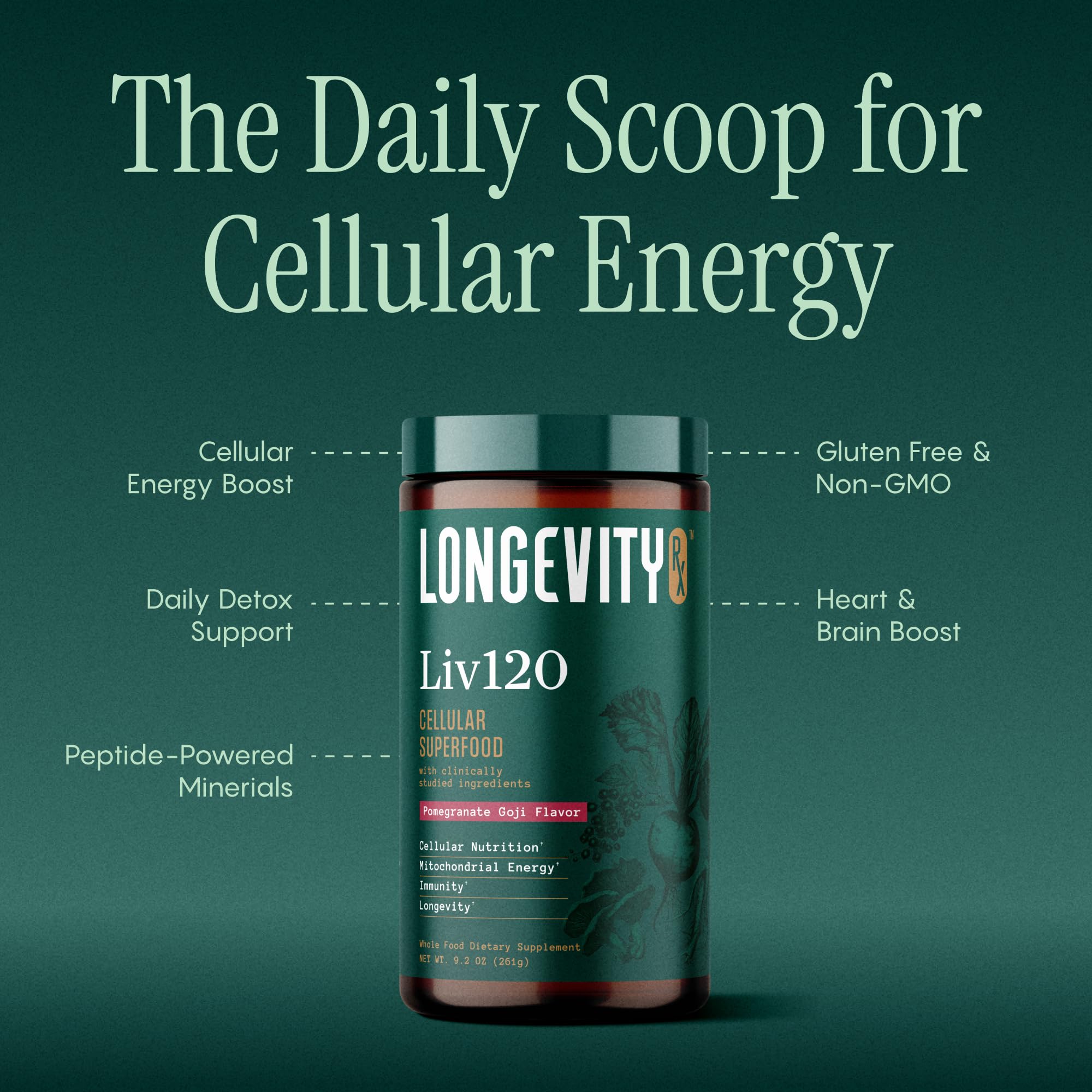 Longevity Rx polvo en cuenco resaltando textura fina y mezcla
