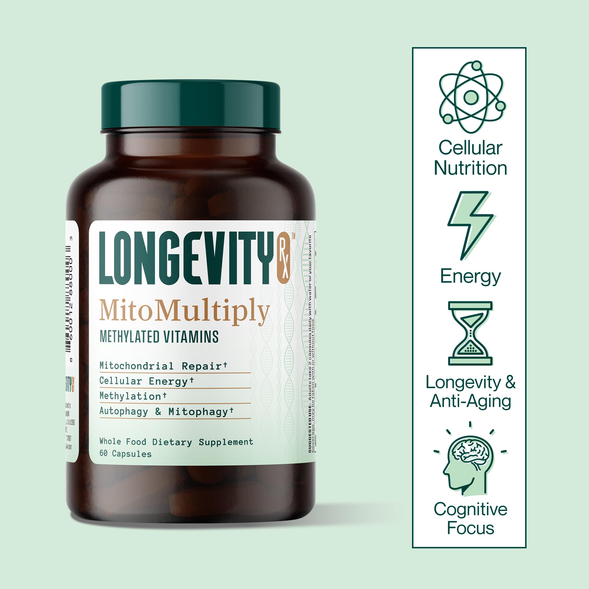 Longevity Rx MitoMultiply frasco abierto y cápsulas accesibles para toma diaria