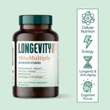 Longevity Rx MitoMultiply frasco abierto y cápsulas accesibles para toma diaria