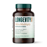Longevity Rx MitoMultiply vista frontal del envase, claridad del etiquetado y beneficios