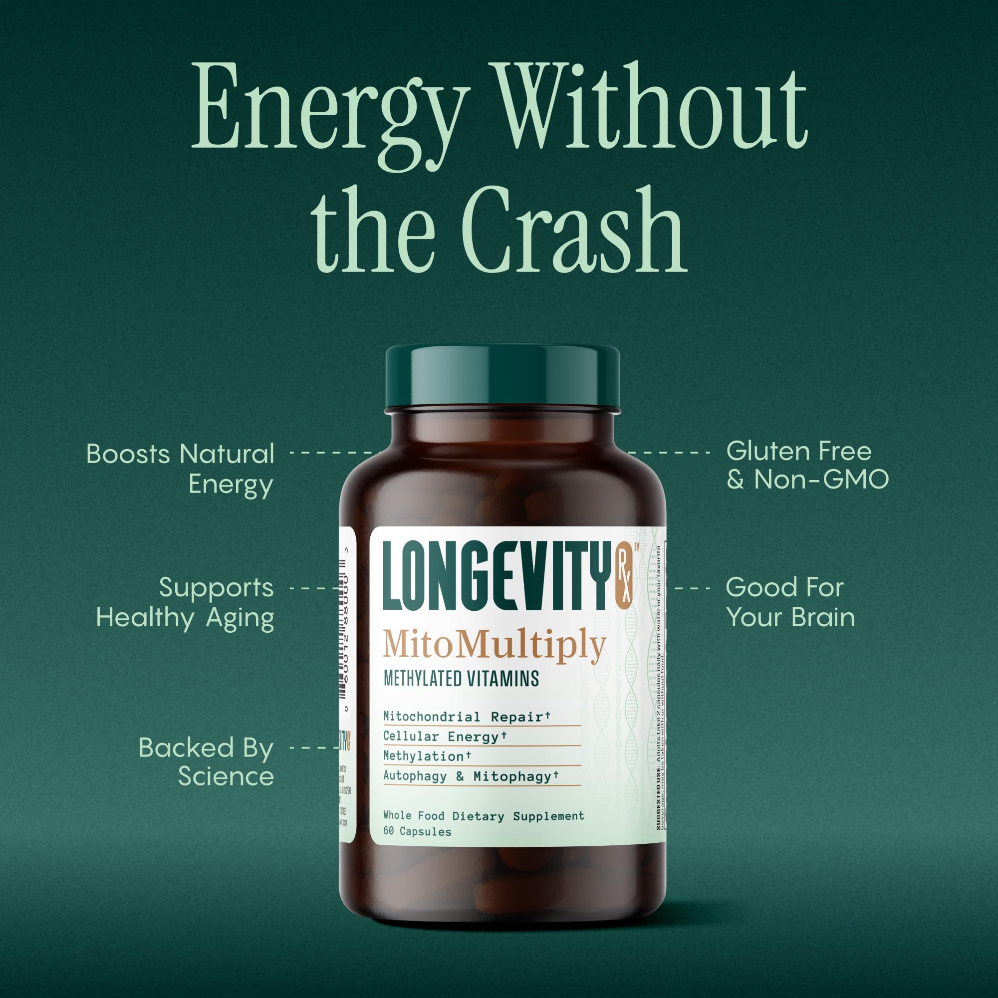 Longevity Rx MitoMultiply detalle lateral de la etiqueta mostrando ingredientes activos