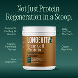 Longevity Rx polvo en cuchara mostrando textura cremosa y fácil disolución
