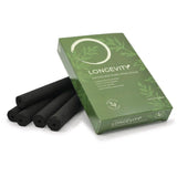 Longevity Smokeless Moxa caja frontal mostrando 5 bastones y menos humo