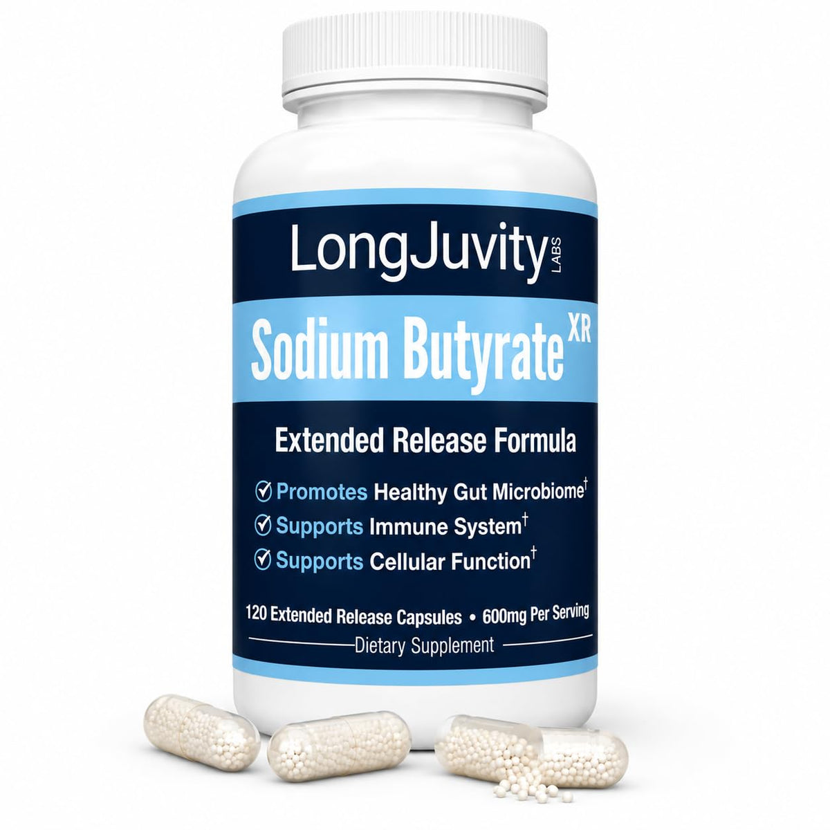 LongJuvity Labs frasco frontal mostrando 120 cápsulas y facilidad de uso
