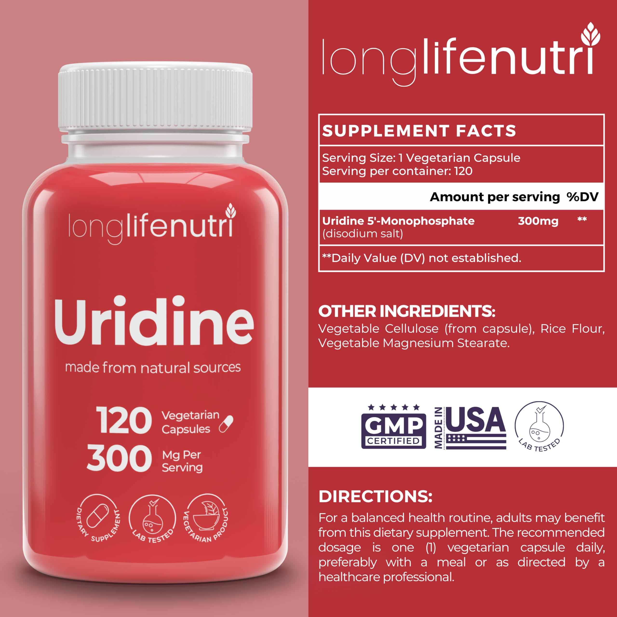 LongLifeNutri detalle de la etiqueta con información de 300 mg por cápsula y calidad