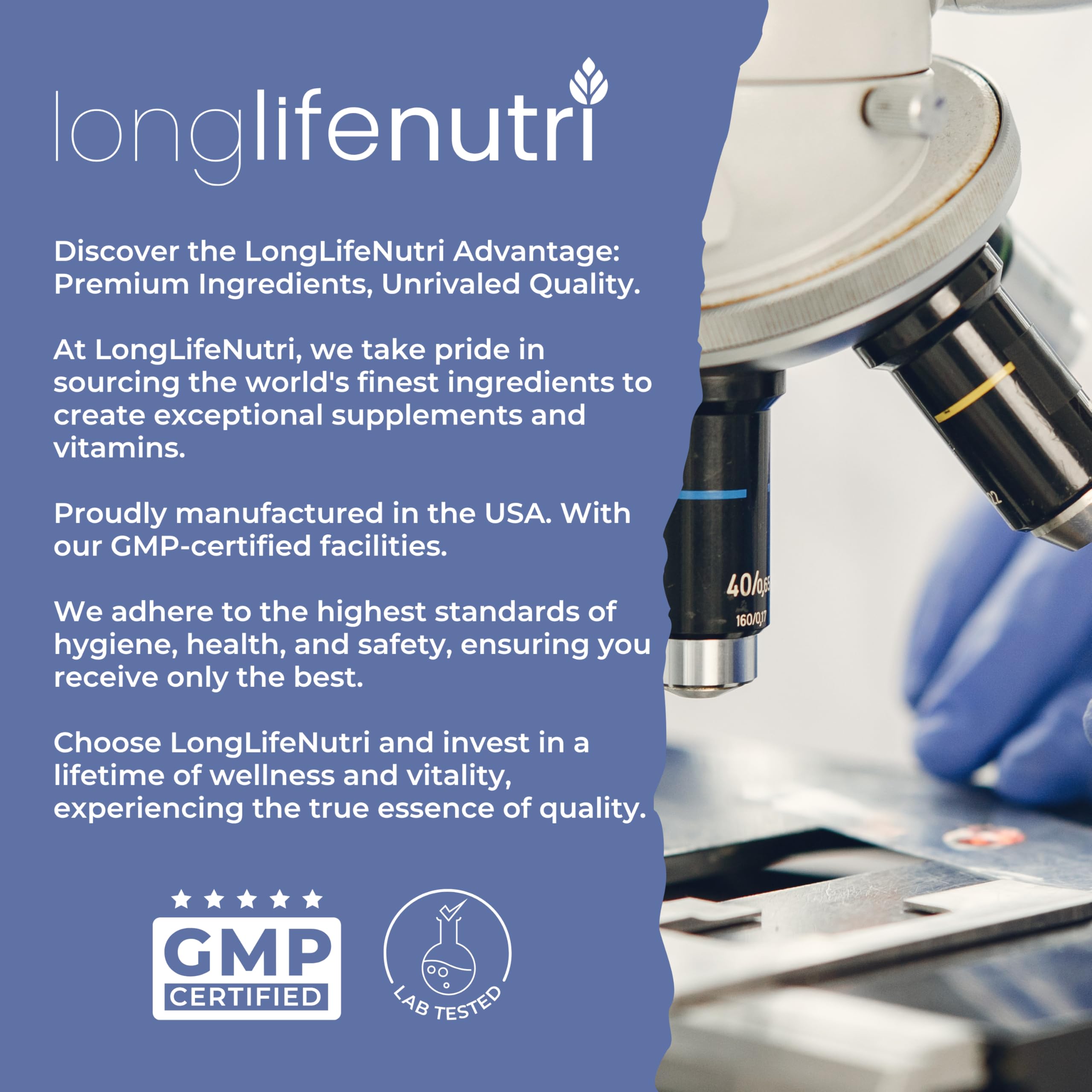 LongLifeNutri caja con sello GMP indicando fabricación controlada en USA