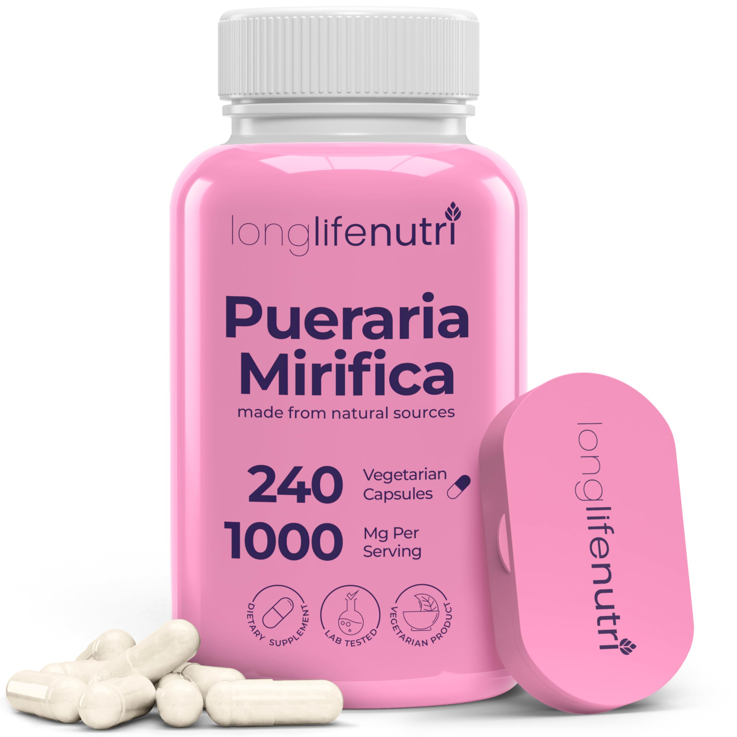 LongLifeNutri frasco frontal de Pueraria mirifica mostrando etiqueta clara y beneficios