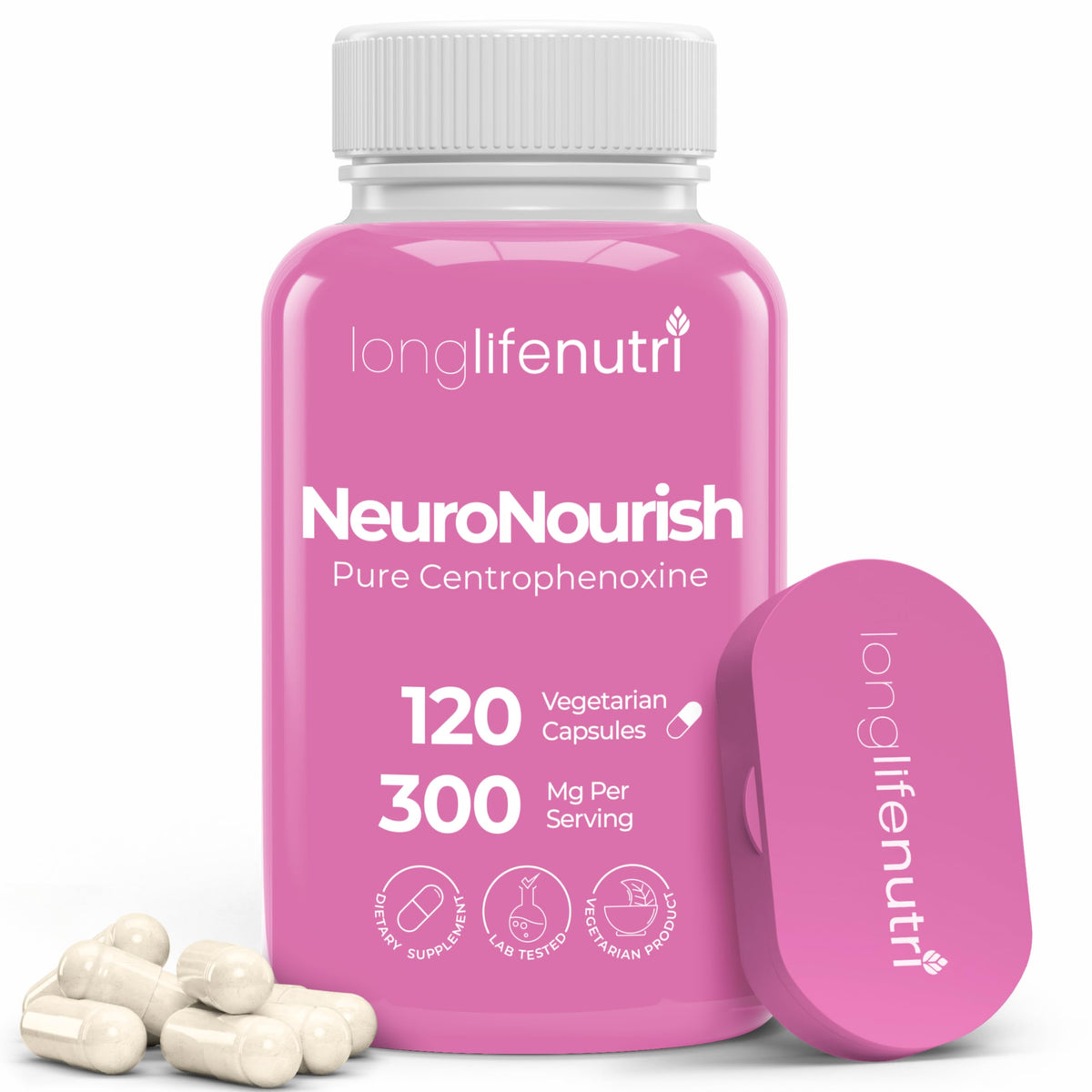 LongLifeNutri frasco NeuroNourish frente mostrando etiqueta y beneficio mental
