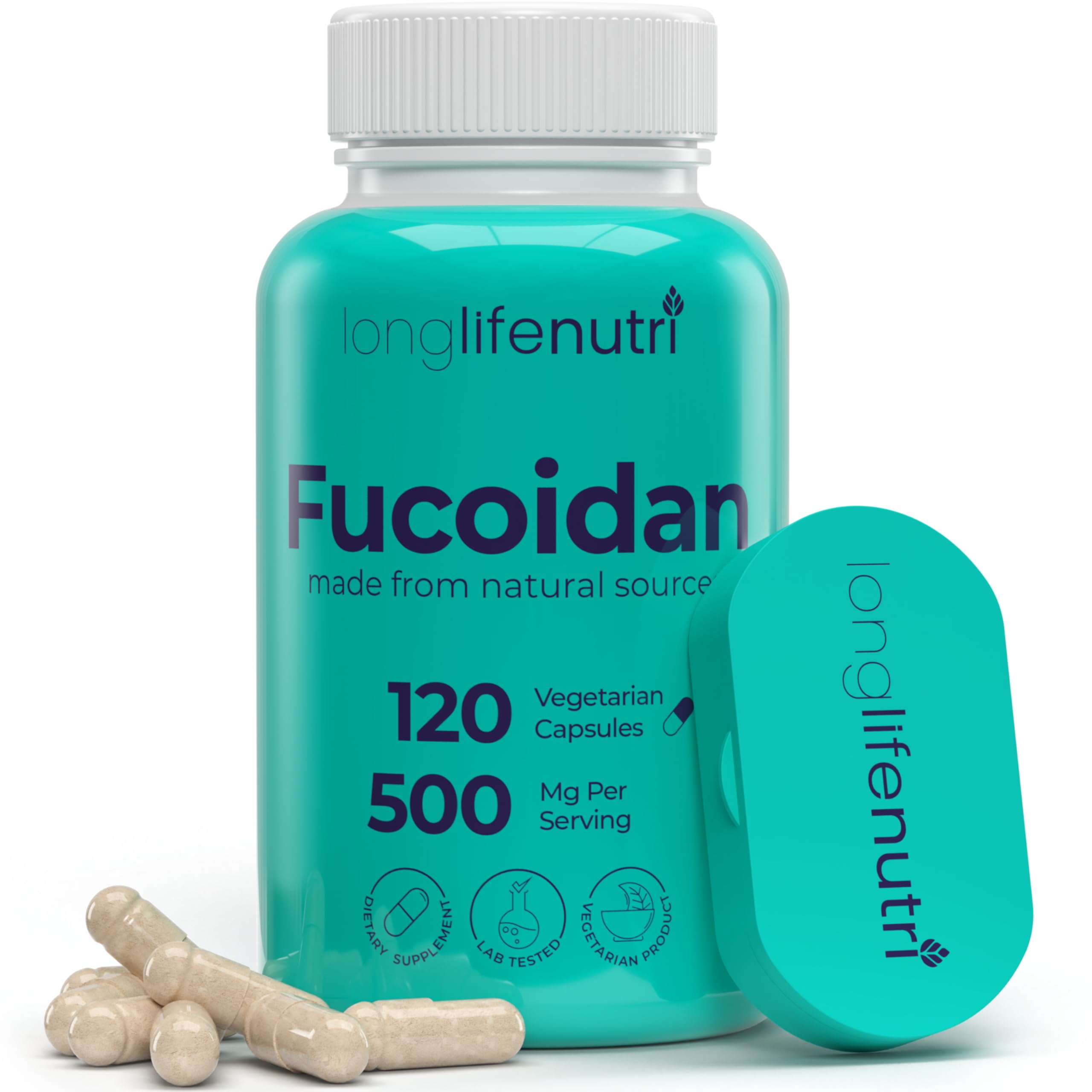 LongLifeNutri envase frontal de Fucoidan 500mg mostrando diseño y duración