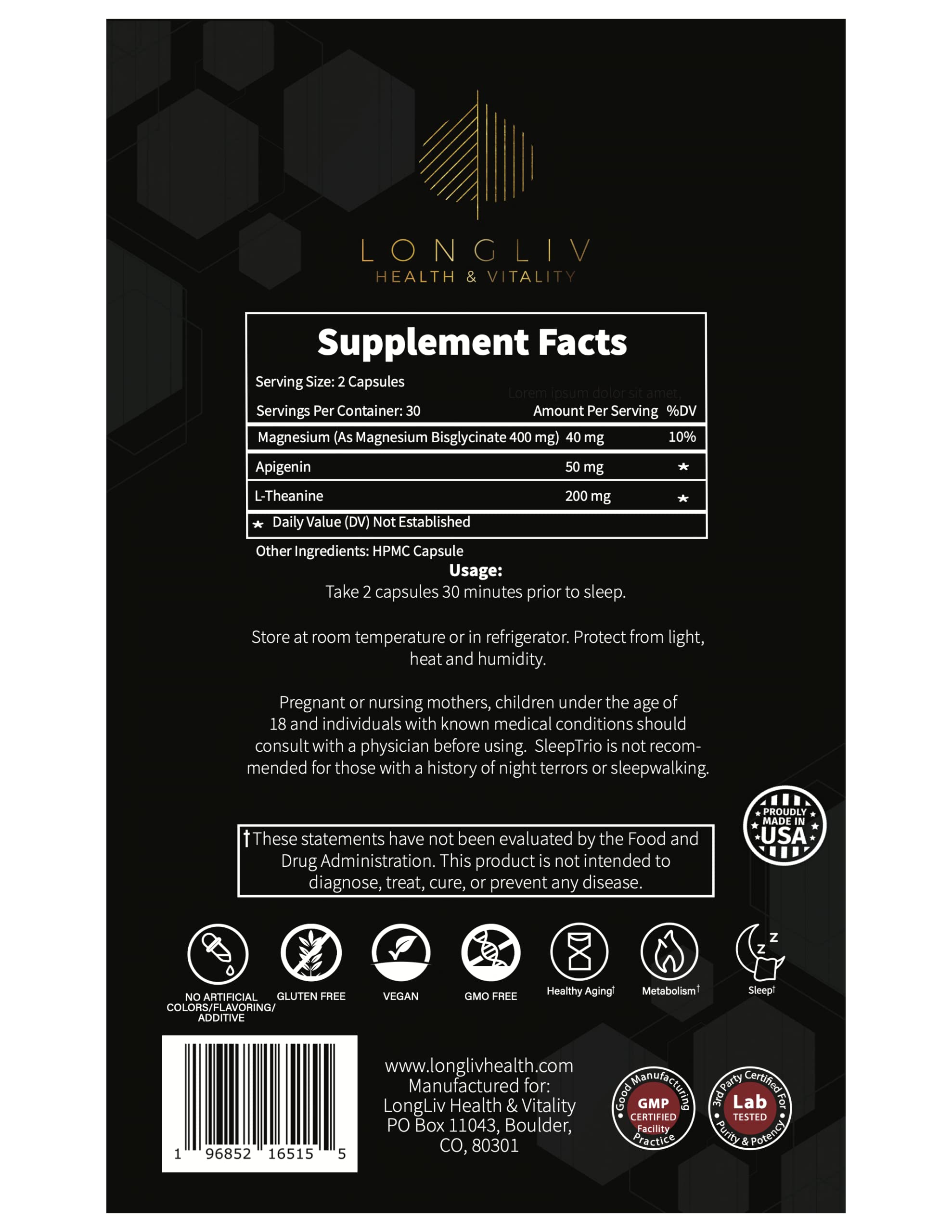 LongLiv Sleep Trio certificado de pruebas y cápsulas para tranquilidad