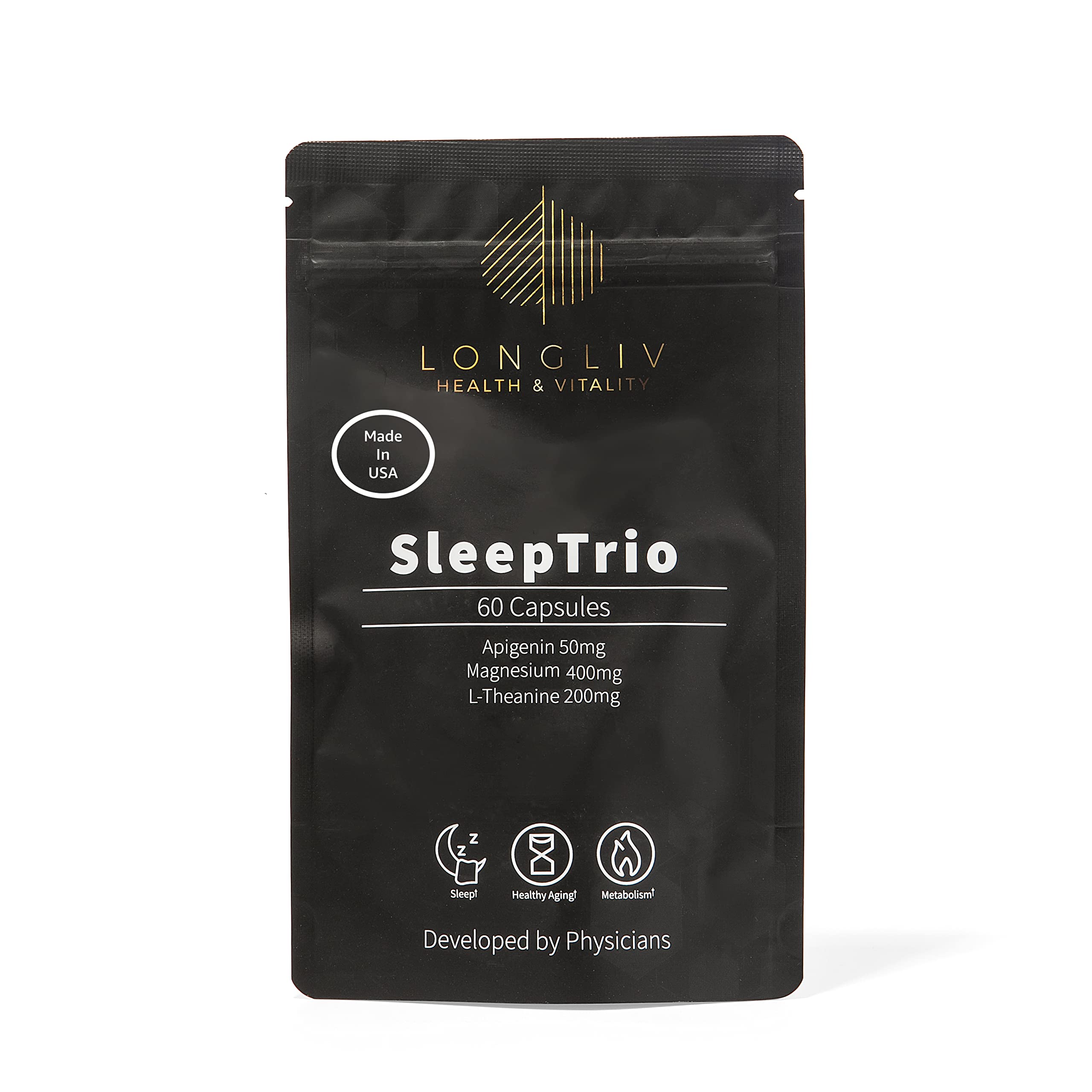 LongLiv Sleep Trio frente del envase mostrando 60 cápsulas y beneficios
