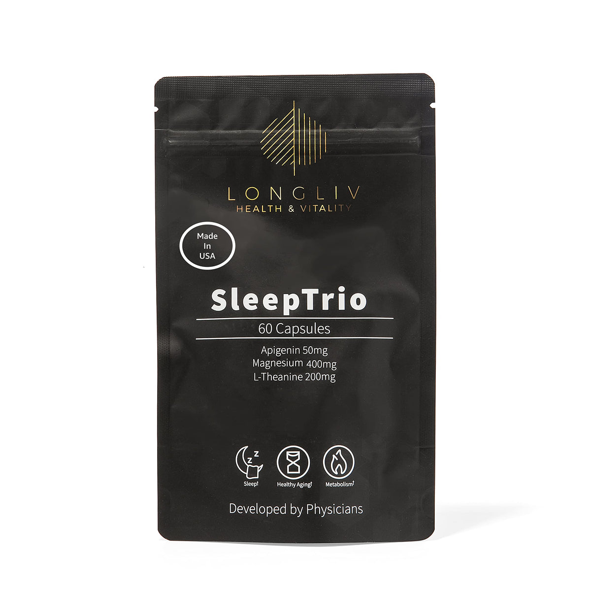 LongLiv Sleep Trio frente del envase mostrando 60 cápsulas y beneficios
