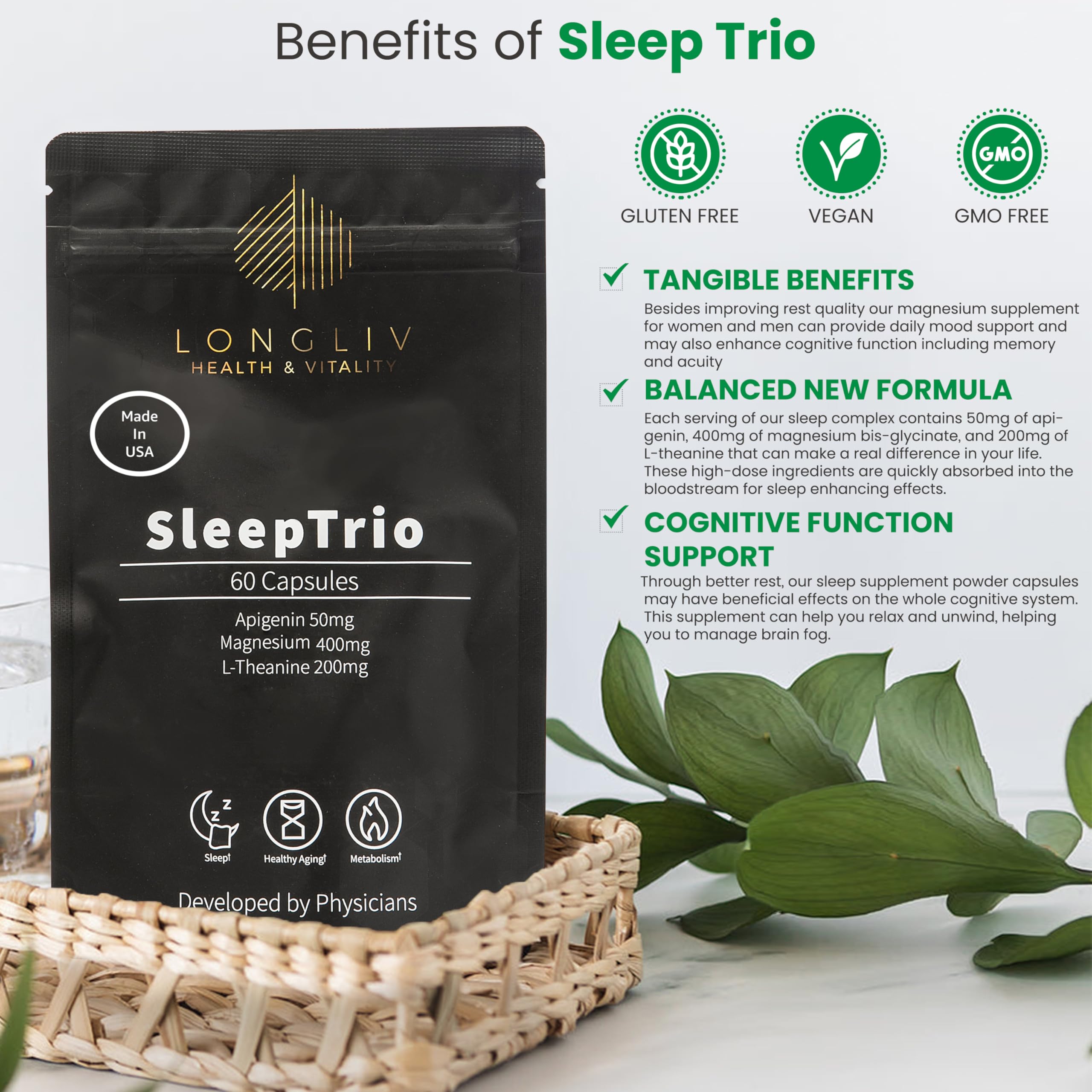 LongLiv Sleep Trio ingredientes en polvo para ilustrar pureza y forma