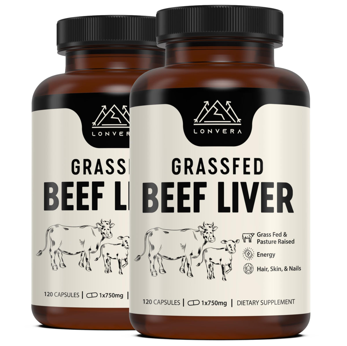 Lonvera frasco frontal mostrando etiquetado claro y origen pasture-raised