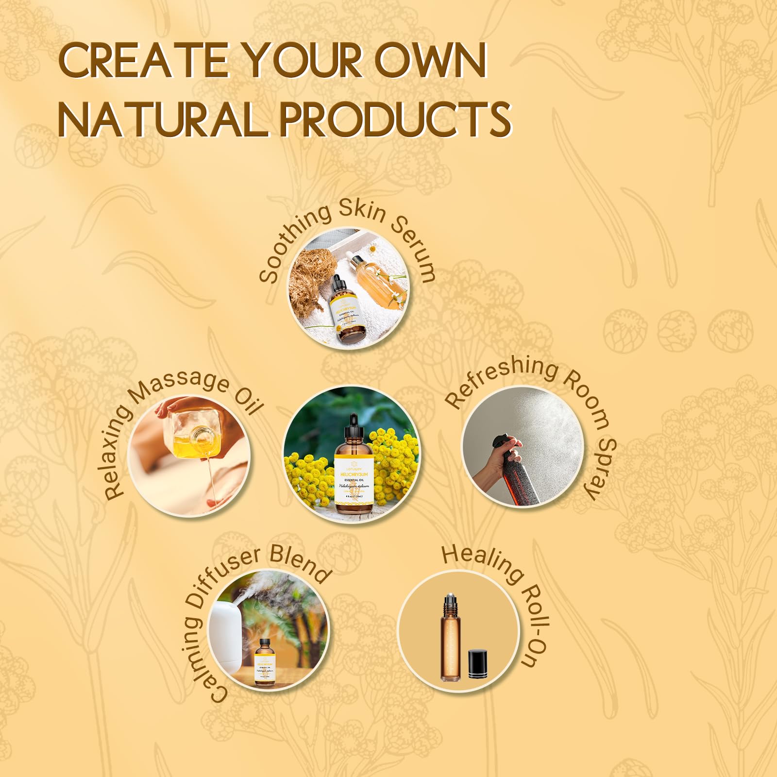 LOTUSJOY flores y hojas de Helichrysum en primer plano, beneficio origen natural