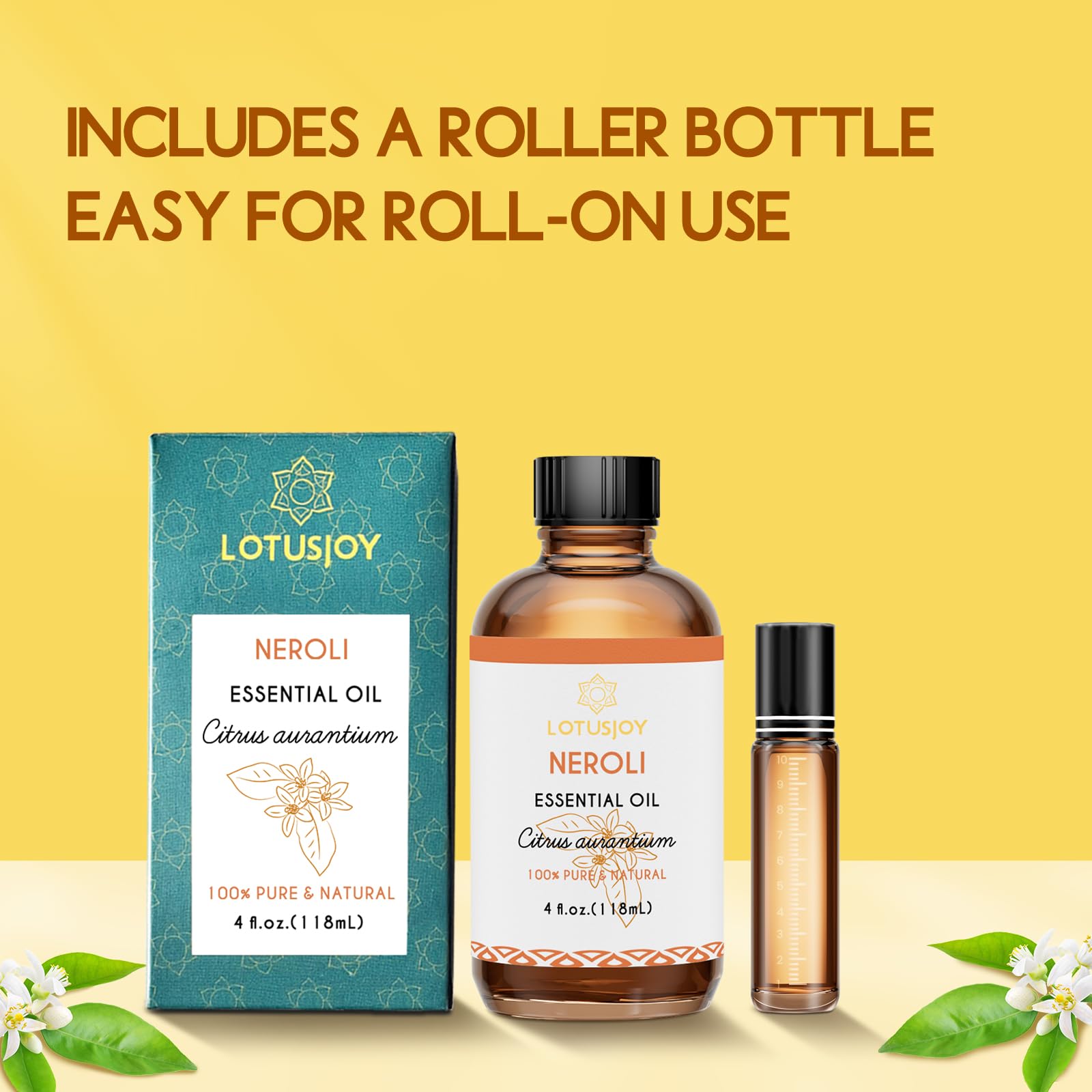 LOTUSJOY botella de 4 oz junto a objeto para comparación de tamaño