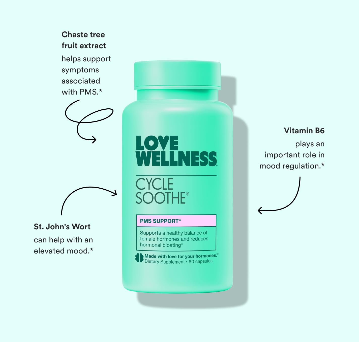 Love Wellness cápsulas junto a un vaso de agua para uso diario