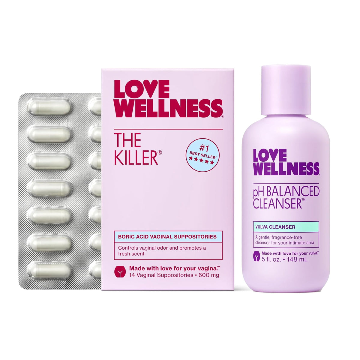 Love Wellness dúo frontal mostrando limpiador y supositorios, comodidad diaria