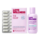 Love Wellness dúo frontal mostrando limpiador y supositorios, comodidad diaria