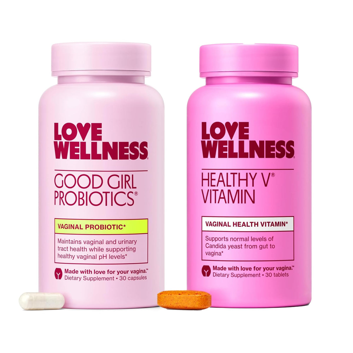 Love Wellness empaquetado frontal del dúo mostrando beneficio para equilibrio vaginal